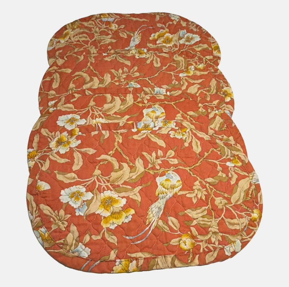 Set of 4 Quilted Fabric Oval Placemats Floral Bird Print